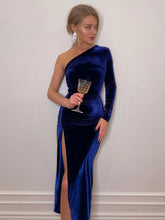 BXOXO Long Sleeve One Shoulder Ruched Velvet Midi Dress Side Slit Bodycon Sexy Party Elegant Clothes Brithday Evening Outfits